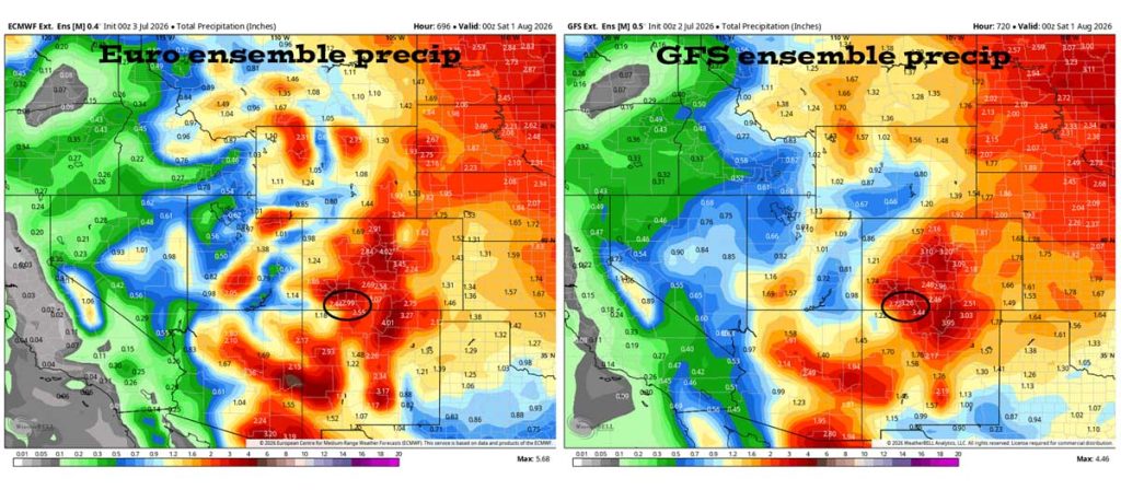 Pagosa Weather JUNE SUMMARY & July Outlook 9 Euro ensemble precip on the left expects 2.99″ for July and the GFS ensemble precip on the right expects 3.26″. Both models expect more than the average of 2.01″.
June verification: The Euro expected 1.78″ and the GFS expected 3.39″. We only got 0.42″ so both models significantly over-forecast precip.