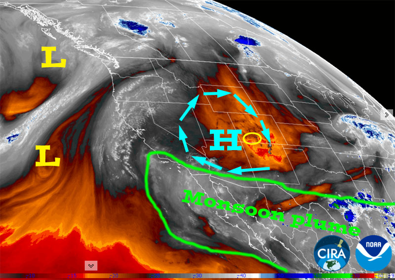 Spotty weak showers through Thursday and then more active through next weekend… 1 Water vapor satellite Saturday afternoon – We are on the stable and dry side of the high. Blue arrows indicate flow around the high. The high will move slightly to our north over the next few days and we will catch the eastern edge of the moisture plume.