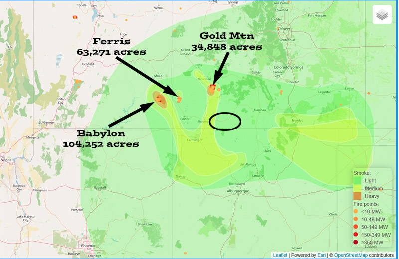 Spotty weak showers through Thursday and then more active through next weekend… 3 Smoke is considered “light” over Archuleta County and is a little worse towards Durango. Air quality in our area is rated “good”. (Archuleta County is circled in black. Acreage totals are from Saturday morning.)
