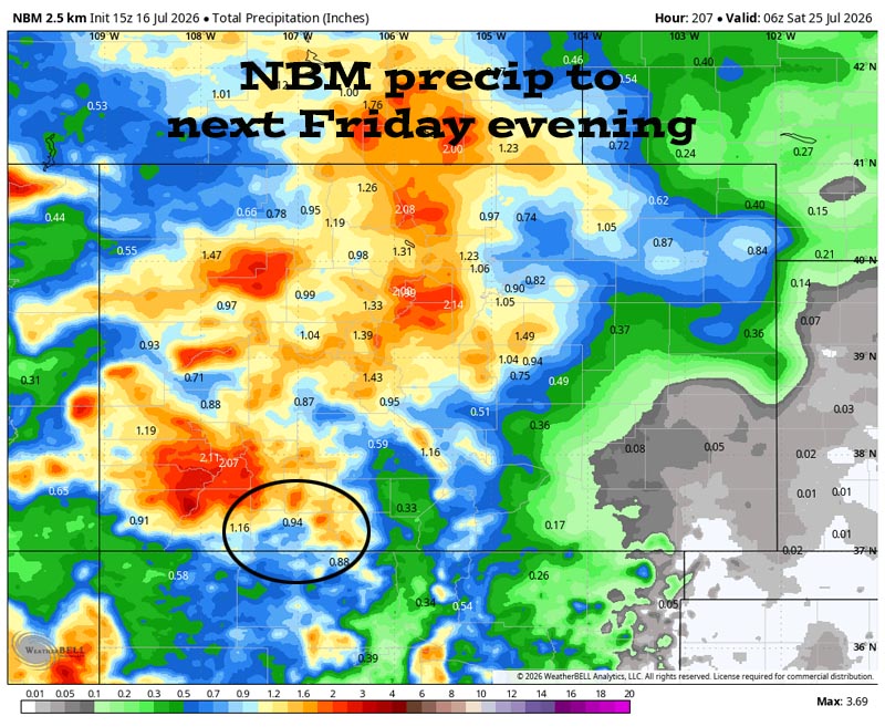 Active today and tomorrow – a lull this weekend – more active next week… 5 NBM precip to late next Friday evening (24 Jul) shows 0.94” in the Pagosa area and up to 2.00” in our mountains. It’s all convective showery precip, so amounts will vary considerably.