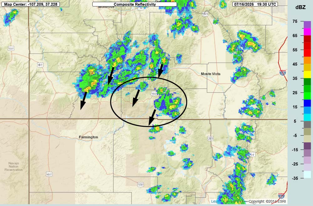 Active today and tomorrow – a lull this weekend – more active next week… 4 Radar at 1:30pm Thursday – Archuleta County is circled in black. Storms are moving towards the southwest.