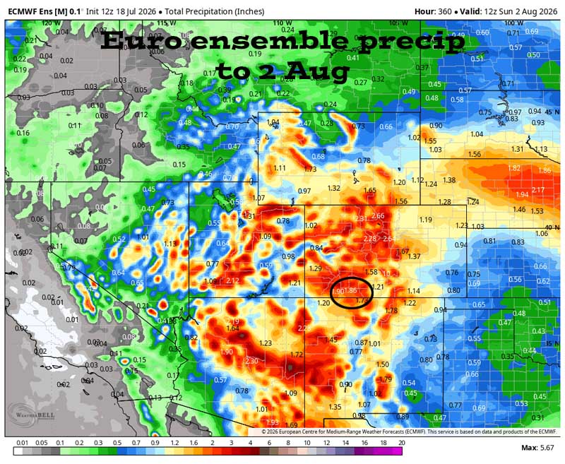 Fewer storms through Monday – more active rest of the week… 6 Euro ensemble precip to 2 Aug shows 1.86” in the Pagosa area. Forecast precip amounts have bounced around over the last two days.