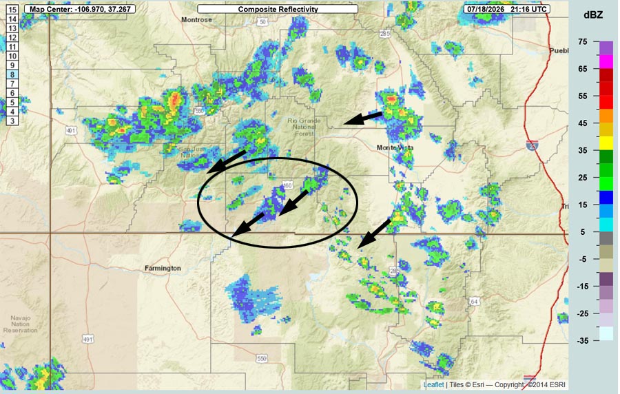 Fewer storms through Monday – more active rest of the week… 4 Radar at 3:16pm Saturday – There are a couple of weak showers moving through parts of Archuleta County. Storms are moving towards the southwest.