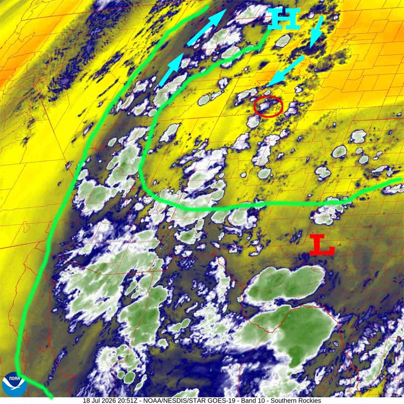 Fewer storms through Monday – more active rest of the week… 3 Water vapor satellite Saturday afternoon – The high is over the northwest corner of Colorado. Flow around the high is indicated by the blue arrows. Northeast flow over much of Colorado is pushing the moisture (outlined in green) to our south. Archuleta County is circled in red.