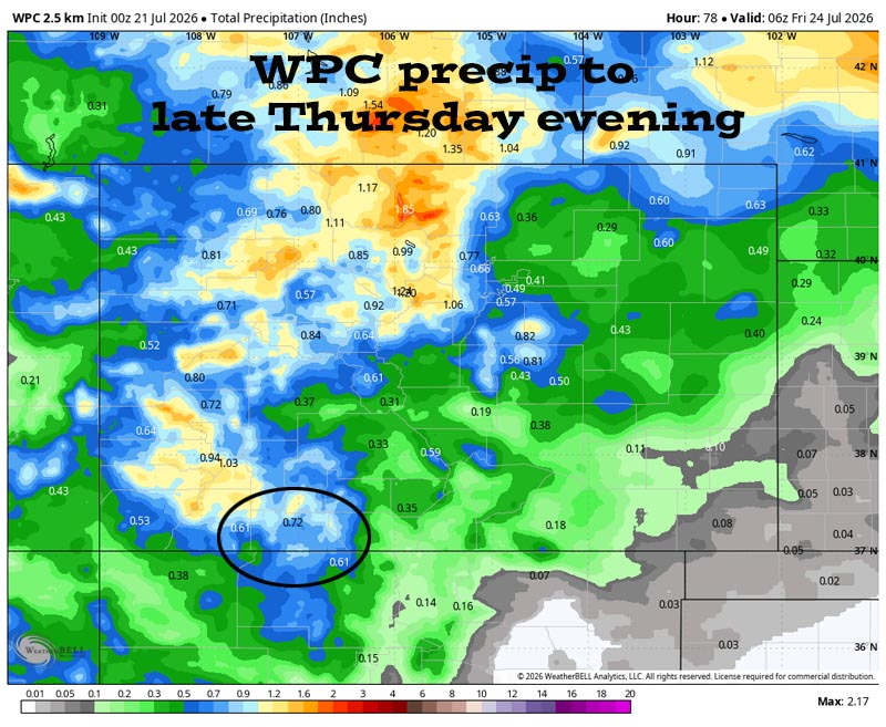 We’re going to get wet… 5 WPC precip to late Thursday evening shows 0.72” in the Pagosa area and up to 1.20” in our mountains. It’s all convective showery precip, so amounts will vary considerably.