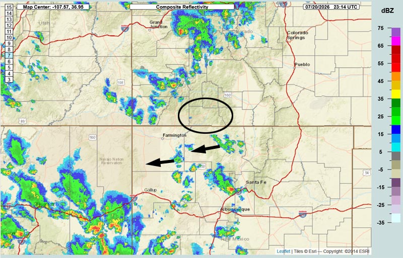 We’re going to get wet… 4 Radar at 5:14pm Monday – There are no storms over Archuleta County on radar. Easterly flow has dried us out and stabilized the atmosphere.