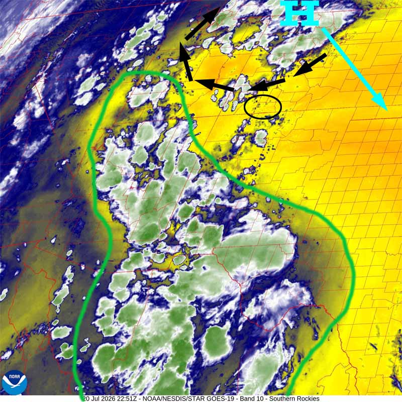 We’re going to get wet… 3 Water vapor satellite Monday afternoon – The high is to our north and giving us dry, easterly flow. By late Tuesday night, the high will be in the TX panhandle area and giving us southerly flow. That will push the monsoon plume, outlined in green, over us. Archuleta County is circled in black.