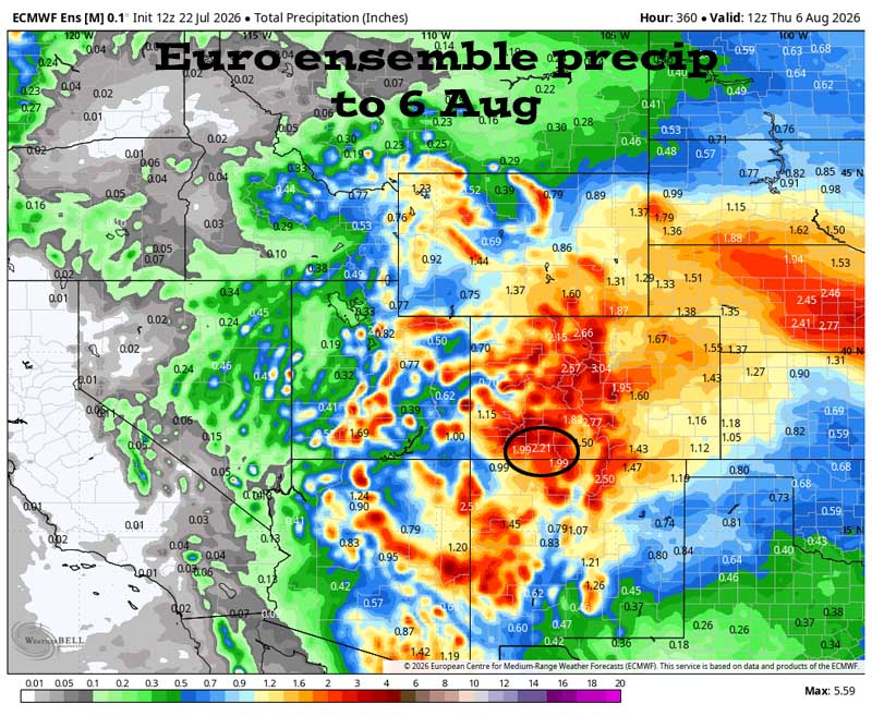 Scattered storms with isolated areas of heavy rain… 5 Euro ensemble precip to 6 Aug shows 2.21” in the Pagosa area. Forecast precip amounts have trended down slightly over the last two days.