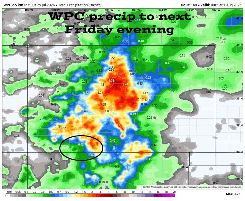 Monsoon action for a while… 5 WPC precip to late Thursday evening shows 0.43” in the Pagosa area and up to 2.25” in our mountains. It’s all convective showery precip, so amounts will vary considerably.