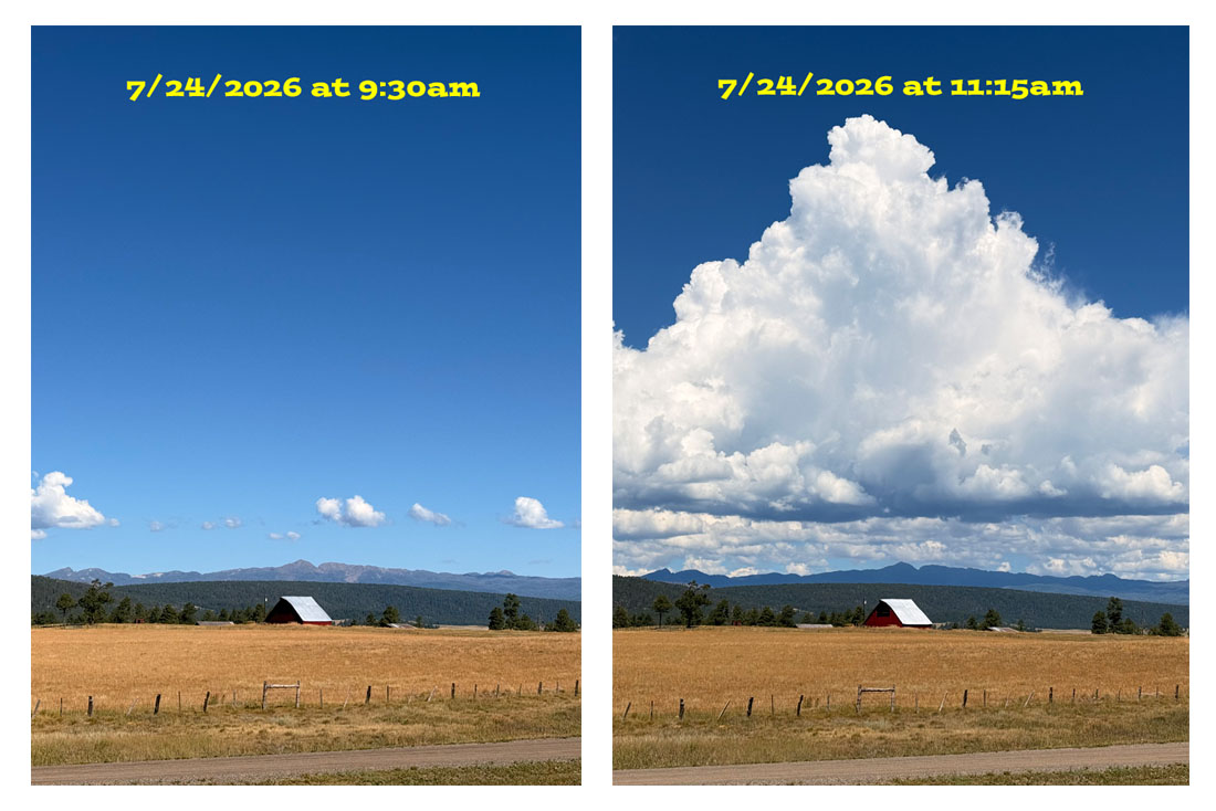 Little cumulus clouds at 9:30am and turn into big cumulus clouds by 11:15am – pics taken 7/24/2026