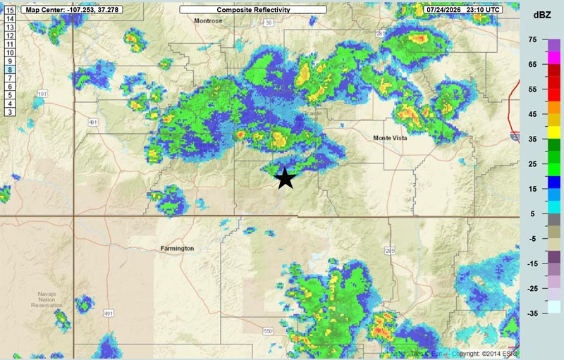 Monsoon action for a while… 4 Radar at 5:10pm Friday – A couple of showers and thunderstorms have popped up over a few lucky spots in Archuleta County. Storms are “slow-movers” and soaking small areas.