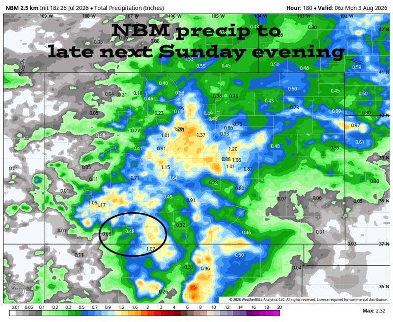 Rain dances are working!… 6 NBM precip to late next Sunday evening shows 0.48” in the Pagosa area and up to 1.40” in our mountains. It’s all convective showery precip, so amounts will vary considerably.