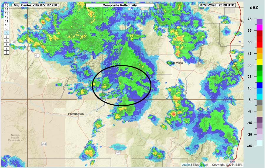 Rain dances are working!… 5 Radar at 5:38pm Sunday – It has rained over good chunk of Archuleta County Sunday afternoon. Storms are “slow-movers” and soaking small areas. On this graphic, light and dark green is light rain. Yellow and red is moderate to heavy rain, possibly mixed with small hail.