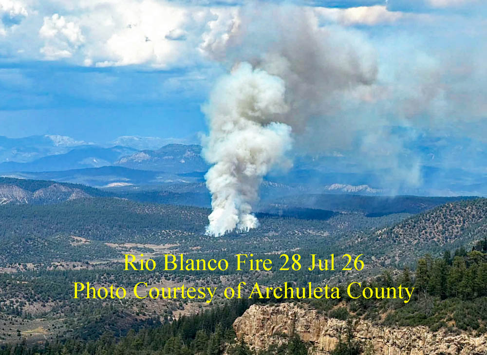 The Rio Blanco Fire was reported Tuesday afternoon roughly 10 miles south of Pagosa Springs – pic from Archuleta County Sheriff’s department 7/28/2026