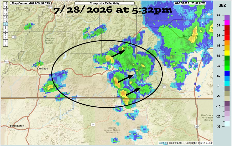 Rain lottery winners and losers every day… 3 Radar at 5:32pm Tuesday – Archuleta County is circled in black. Scattered storms are hitting eastern parts of the county and are moving towards the northeast.