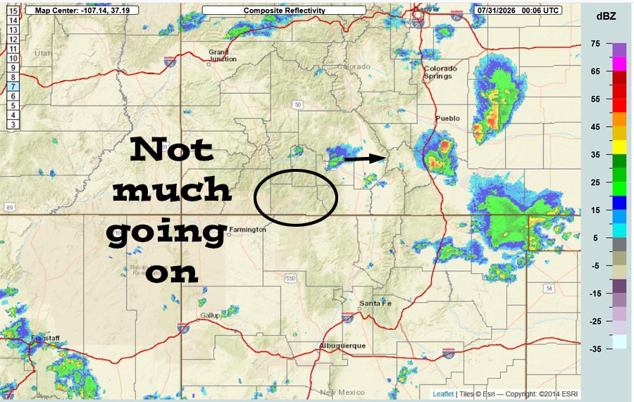 Mostly dry and warm through Monday… 3 Radar at 6:06pm Thursday – Archuleta County is circled in black. A couple of storms moved through the South Fork area Thursday afternoon, but it’s been quiet on our side of The Divide.