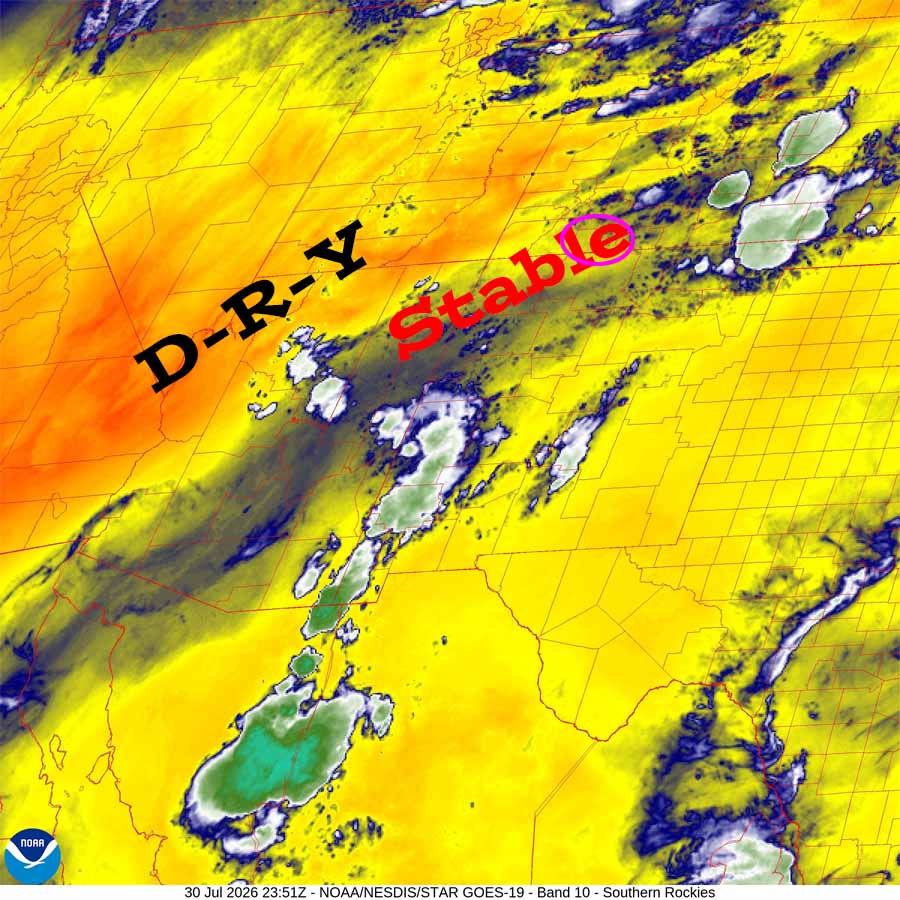 Mostly dry and warm through Monday… 2 Water vapor satellite Thursday at 5:51pm – Archuleta County is circled in purple. Monsoon moisture has been cut off. Drier, more stable air has moved over the Four Corners area.