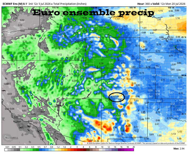 A few scattered showers Monday, Tuesday, and Wednesday… 4 Euro ensemble precip to 20 Jul shows 0.74 ” in the Pagosa area. Precip amounts have bounced around over the last two days.
