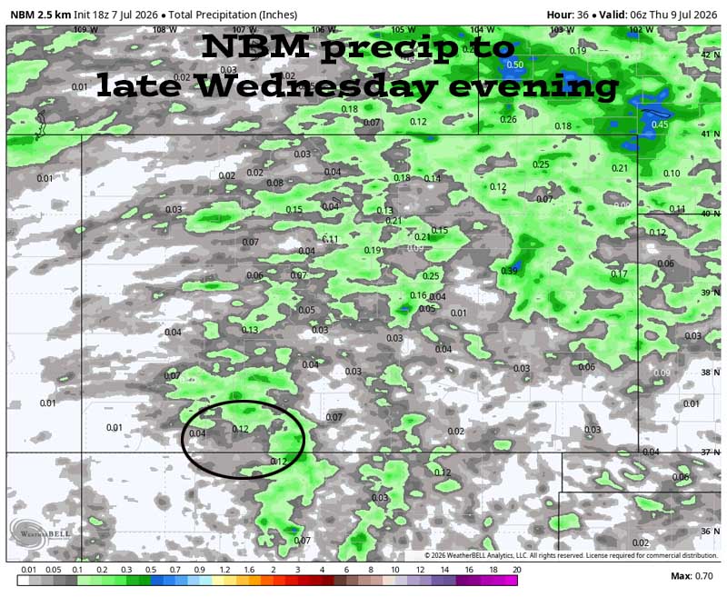 Scattered storms today and tomorrow – mostly dry Thursday through Sunday… 4 NBM precip to late Wednesday evening shows less than 0.12” in the Pagosa area and up to 0.30” in our mountains. It’s all convective showery precip, so amounts will vary considerably.