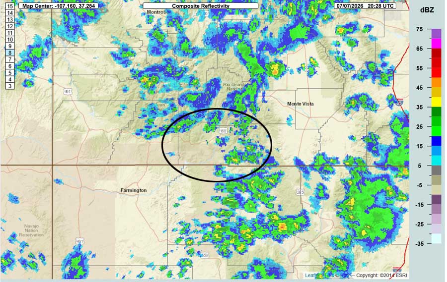 Scattered storms today and tomorrow – mostly dry Thursday through Sunday… 2 Radar at 2:28pm Tuesday – Most of the showers are over the mountains, but southeast Archuleta County is a little more active. Storms are moving slowly west to east.
