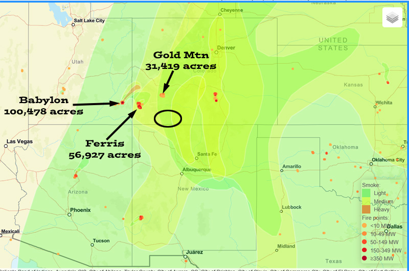 Scattered storms today and tomorrow – mostly dry Thursday through Sunday… 3 Smoke Tuesday afternoon is light to moderate over much of Colorado. (Archuleta County is circled in black. Acreage totals are from Tuesday morning.)