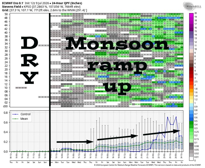 This is Euro ensemble 24-hour precip amounts for the Pagosa Springs area to 24 Jul. It’s read left to right, and times are in Zulu. The top chart shows 24-hour precip amounts for 50 versions of the Euro forecast model. The bottom chart graphs the control, mean, and range of the 50 versions. It’s dry into late Sunday afternoon. Late Sunday afternoon through Wednesday evening there’s a chance for spotty storms with low precip amounts. Next Thursday afternoon through the rest of the period, there’s a better chance for scattered afternoon and evening storms.