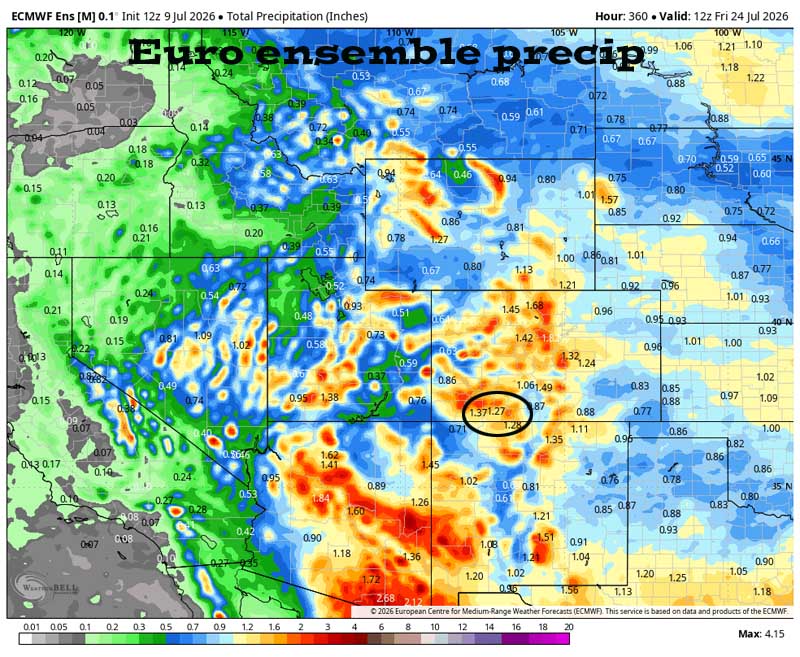 Euro ensemble precip to 24 Jul shows 1.27 ” in the Pagosa area. Forecast precip amounts have been fairly consistent over the last two days.