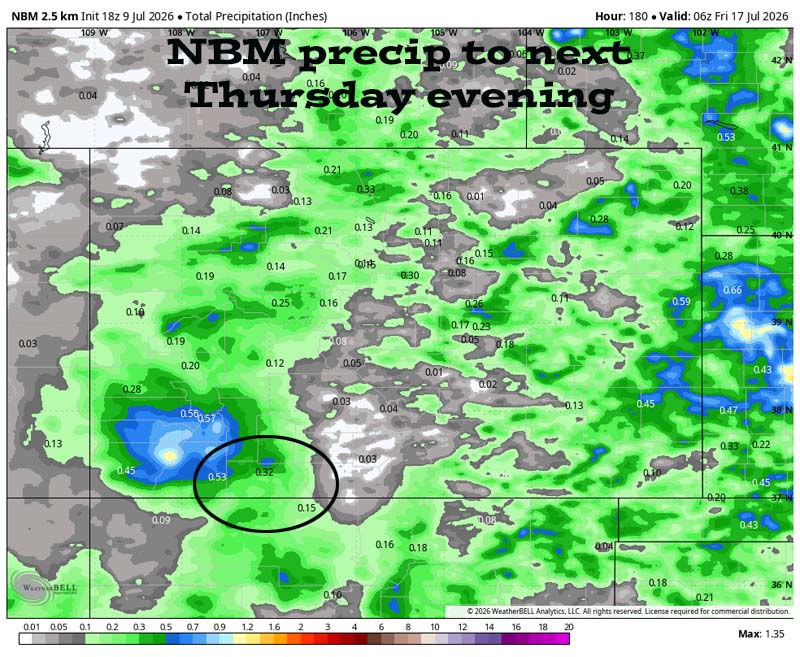 NBM precip to late next Thursday evening shows 0.32” in the Pagosa area and up to 0.50” in our mountains. It’s all convective showery precip, so amounts will vary considerably. Most of this is expected Wednesday and next Thursday.