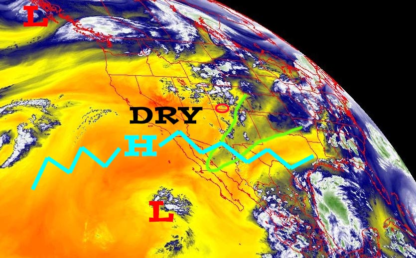 Water vapor satellite Thursday afternoon – The ridge, jagged blue line, has slipped to our south. Dry, westerly flow has moved over the region. The moisture plume, outlined in green, has been pushed to our east.