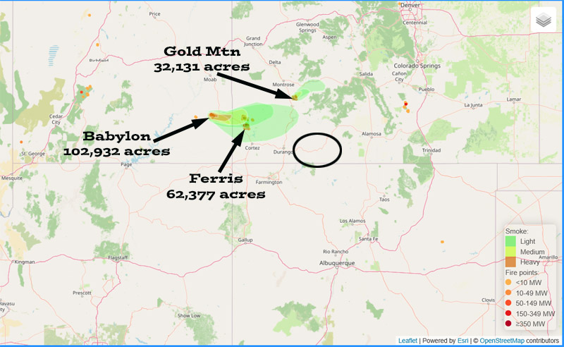 Smoke has decreased across the region. Air quality in our area is rated “good”.  (Archuleta County is circled in black. Acreage totals are from Thursday morning.)
