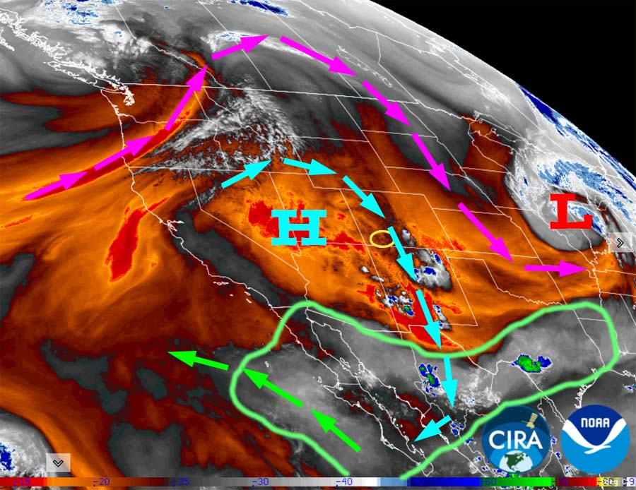 A little more active the second half of the week… 1 Water vapor satellite Saturday at 4pm – The high is to our west and has cut-off monsoon moisture. Flow around the high is indicated by the blue arrows. Monsoon moisture is outlined in green.
