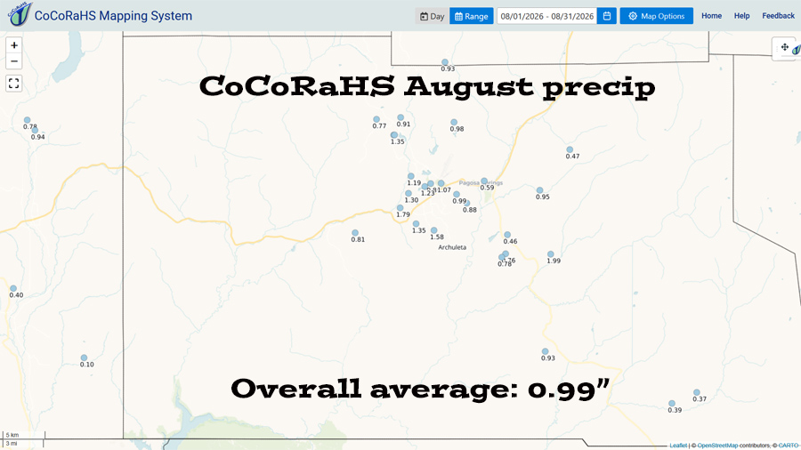 CoCoRaHS precip totals ranged from 0.37″ to 1.99″. All locations were below the average of 2.69″.
