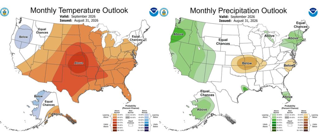 The CPC temp outlook for September on the left shows a 40-50% chance for above average temps.
The precip outlook on the right shows a 33-40% chance for above average precip.