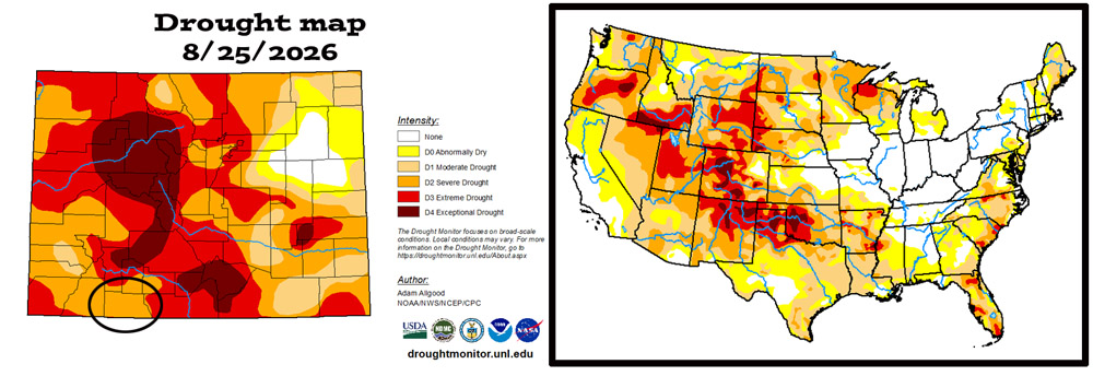 "Severe drought" conditions persist across Archuleta County.
The US drought map on the right shows that much of the US is experiencing drought conditions.