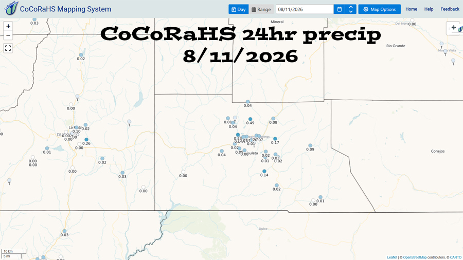 CoCoRaHS 24-hour precip reported Tuesday morning ranged from zero to 0.49”. Most folks reported less than 0.10”.