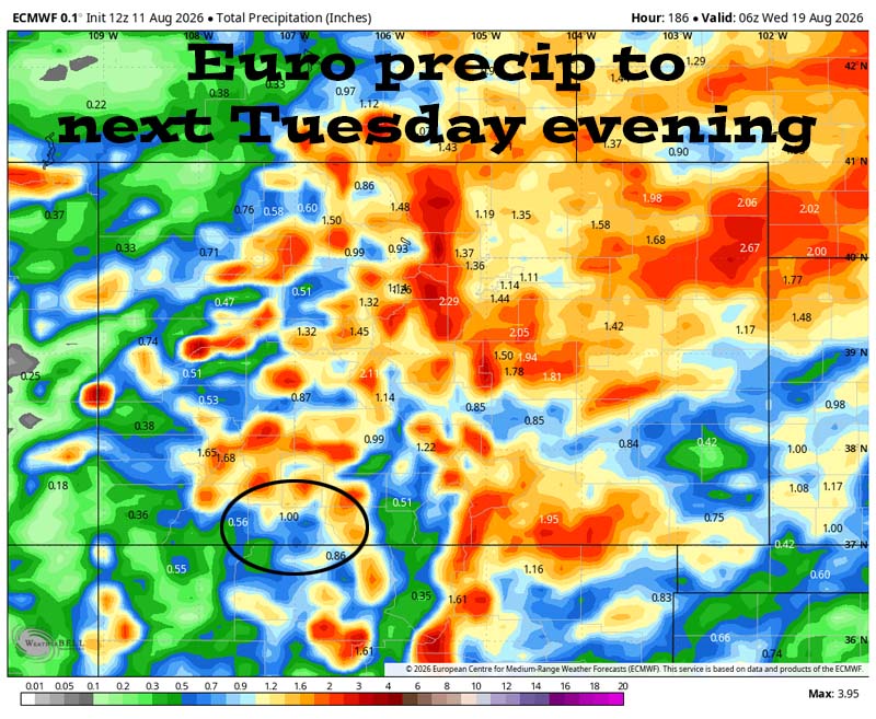Euro precip to next Tuesday evening (18 Aug) shows 1.00” in the Pagosa area and up to 2.00” in our mountains. The best chance for storms is Wednesday, Thursday, and Friday. Any single storm will be capable of producing heavy rain over a small area.