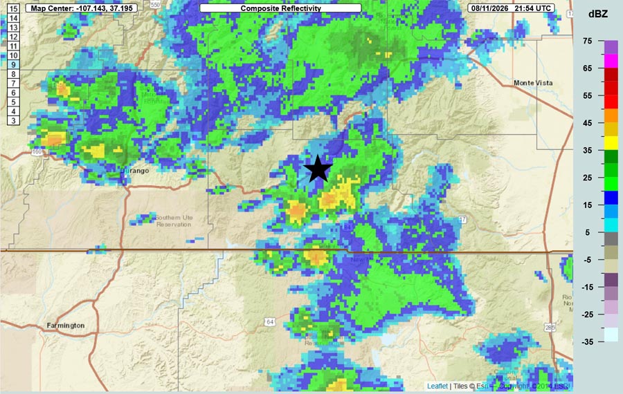 Radar at 3:54pm Tuesday – Scattered showers and thunderstorms are “slow movers” that are soaking small areas. The star is over Pagosa Springs.