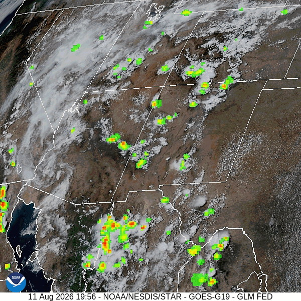 Visual satellite and lightning loop from 2pm to 3pm Tuesday – The high is just to our south. Monsoon moisture and instability has increased over our area. There has been quite a bit of lightning over the San Juans this afternoon.
