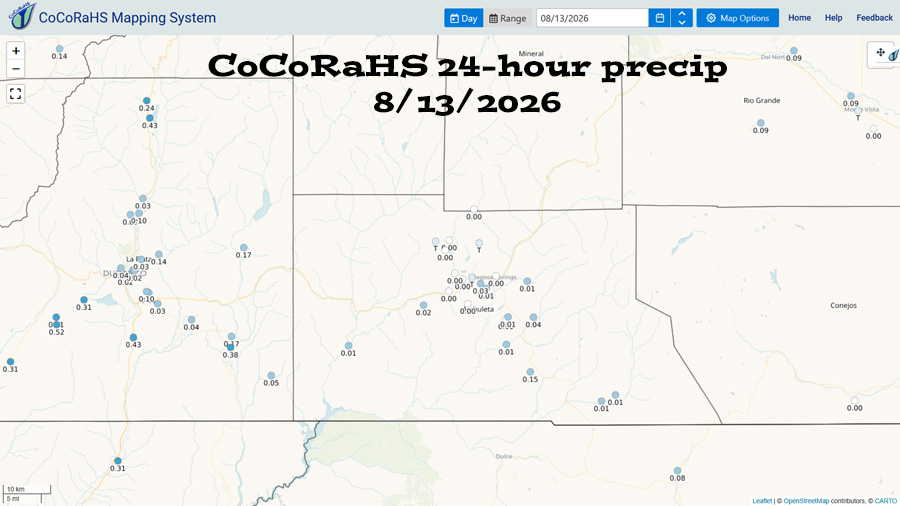 Disappointing for most of us… 2 CoCoRaHS 24-hour precip reported Thursday morning ranged from zero to 0.15”. Most locations hardly got anything. La Plata County did better.