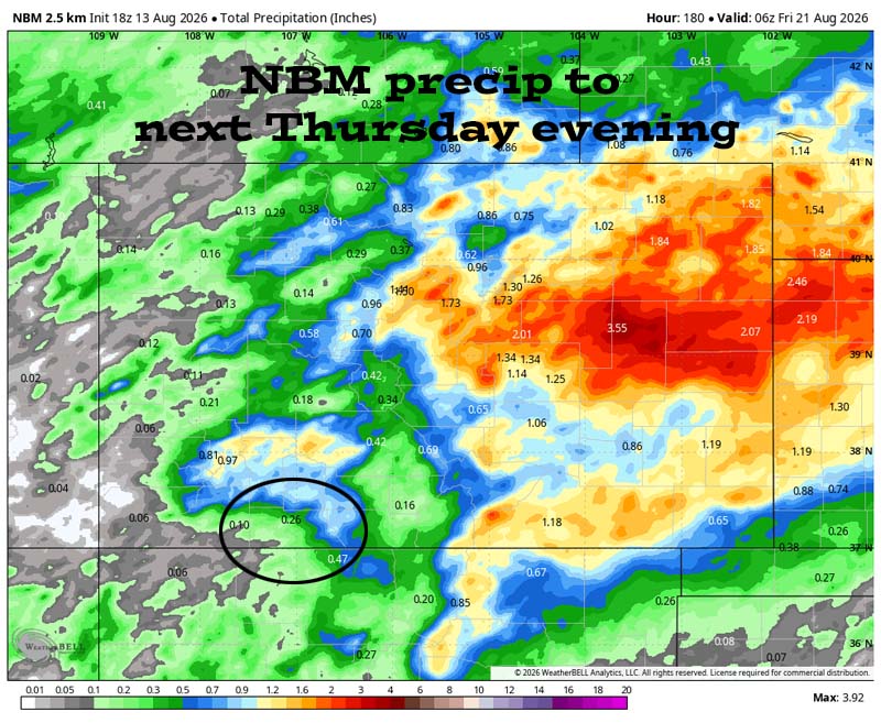 Disappointing for most of us… 5 Euro precip to next Thursday evening (20 Aug) shows 0.26” in the Pagosa area and up to 0.90” in our mountains. Precip amounts have trended significantly down.