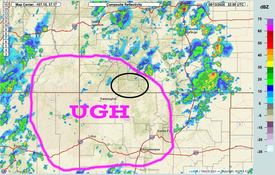 Disappointing for most of us… 4 Radar at 4pm Thursday – It’s mostly stable over the Four Corners area with just a few weak, spotty showers. Showers are moving towards the northeast.