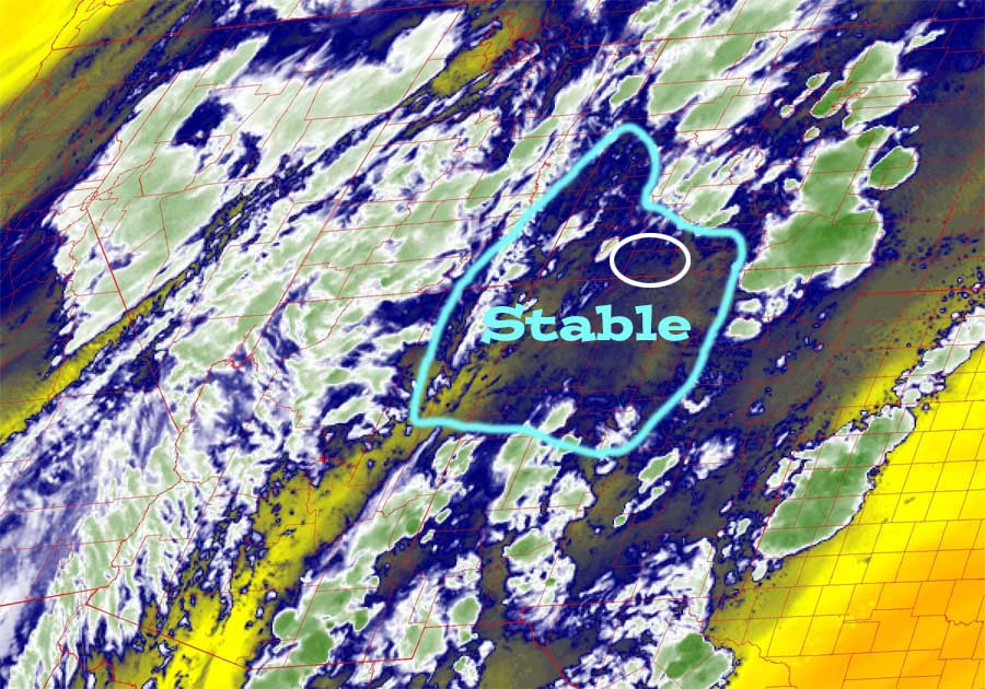 Disappointing for most of us… 3 Water vapor satellite Thursday afternoon – The high is finally to our east. We finally have the moisture. BUT it’s stable – ugh.