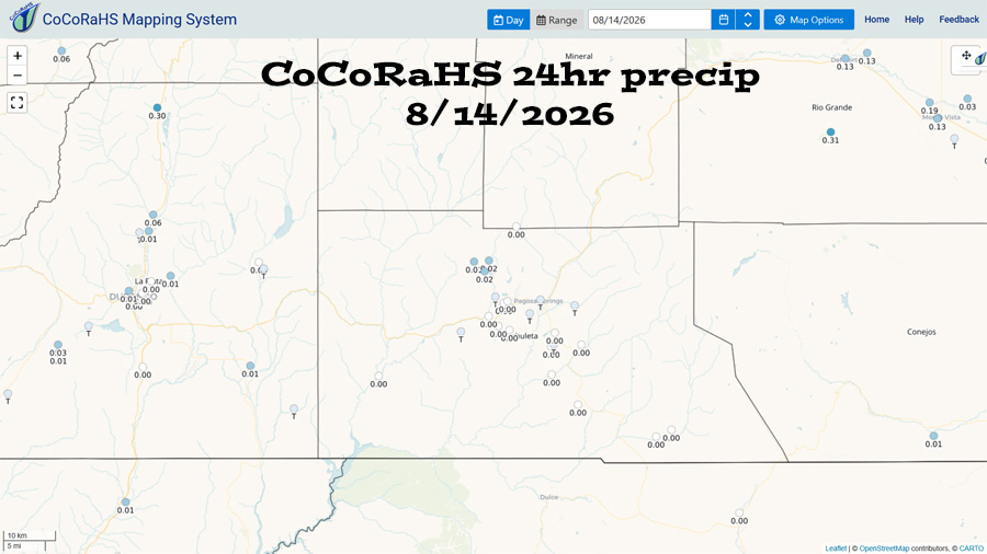 CoCoRaHS 24-hour precip reported Friday morning ranged from zero to 0.02”. Most folks got nothing.