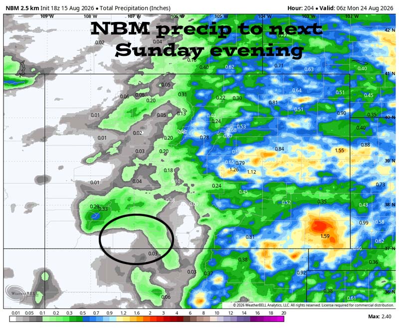 NBM precip to next Sunday evening (23 Aug) shows less than 0.05” in the Pagosa area and up to 0.20” in our mountains. Precip amounts have trended significantly down.