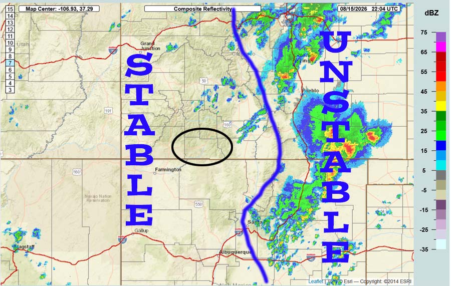 Radar at 4:04pm Sunday – It’s dry and stable over western CO and the opposite over eastern CO.
