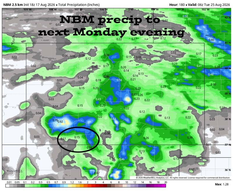 Hit and miss showers starting Wednesday – low precip amounts 3 NBM precip to next Monday evening (24 Aug) shows less than 0.15” in the Pagosa area and up to 0.70” in our mountains. Precip amounts have stayed pretty steady.