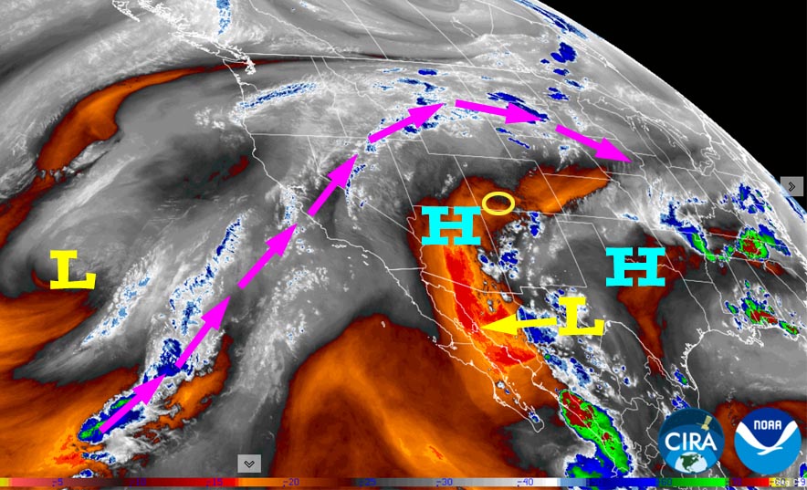 Hit and miss showers starting Wednesday – low precip amounts 1 Water vapor satellite Monday afternoon – The high over northern AZ is pushing weak, dry, stable flow out of the northwest over us. The pattern will shift slowly west over the next days and bring the moisture and instability currently over NM towards us.
