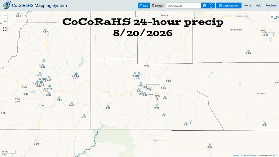 Scattered storms through Wednesday… 1 CoCoRaHS 24-hour rain reported Thursday morning ranged from zero to 0.31”.