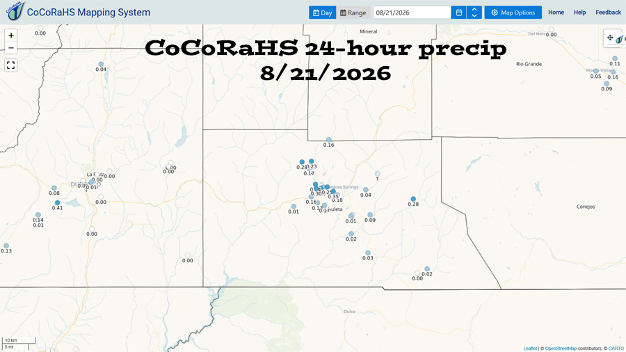 Scattered storms through Wednesday… 2 CoCoRaHS 24-hour rain reported Friday morning ranged from zero to 0.35”.
