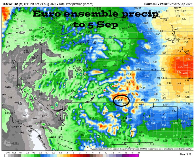 Scattered storms through Wednesday… 6 Euro ensemble precip to 5 Sep shows 1.00” in the Pagosa area.